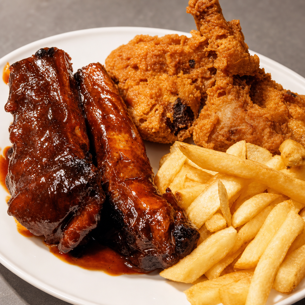2 Wings, 2 Ribs & Fries.