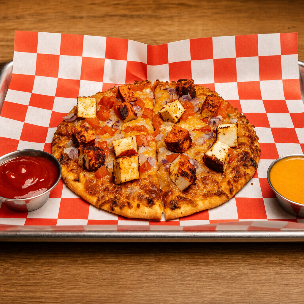 Tandoori Paneer Naan Pizza.
