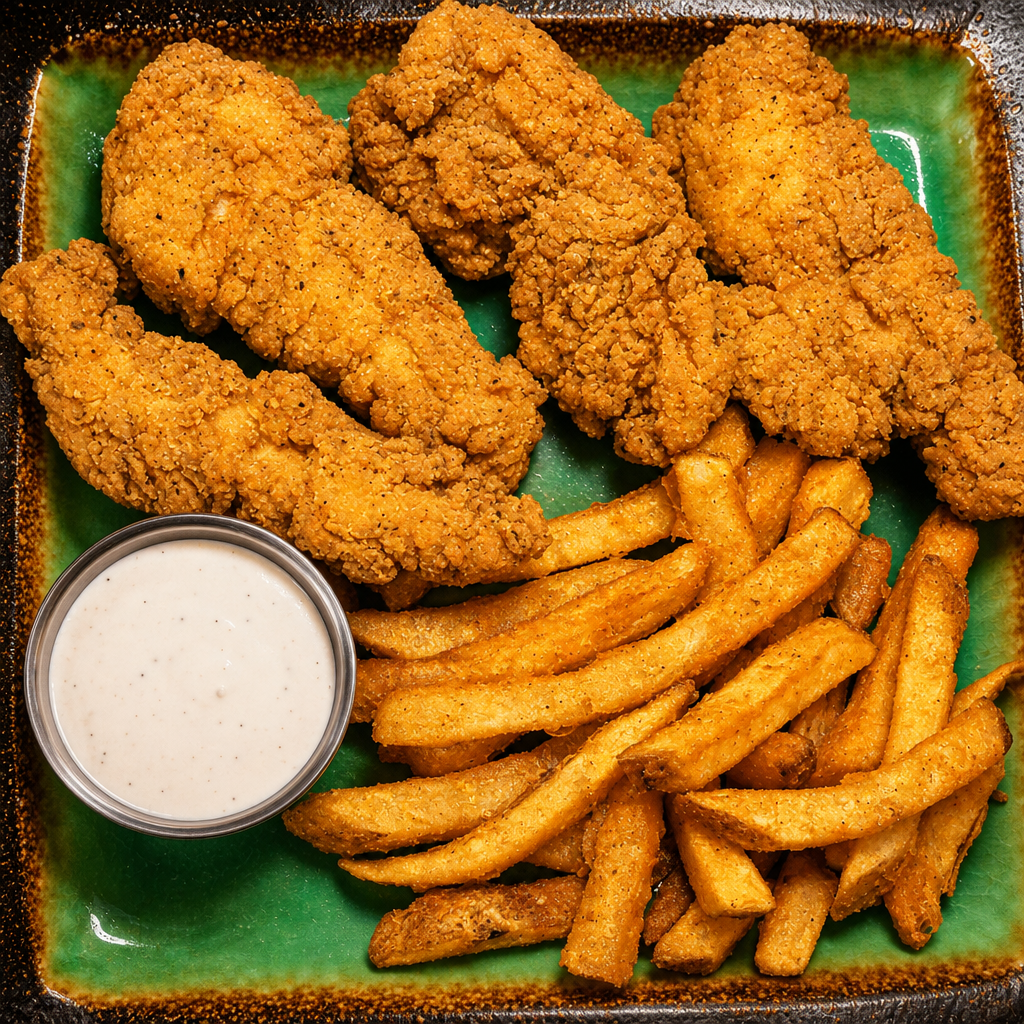 Chicken Tenders, Seasoned Fries & Drink.