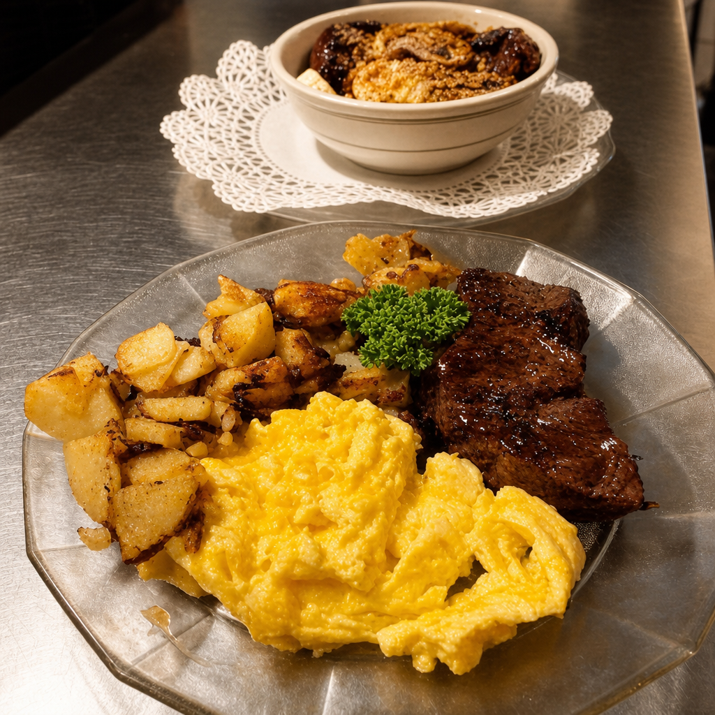 Steak, Eggs, Home Fries and Toast.