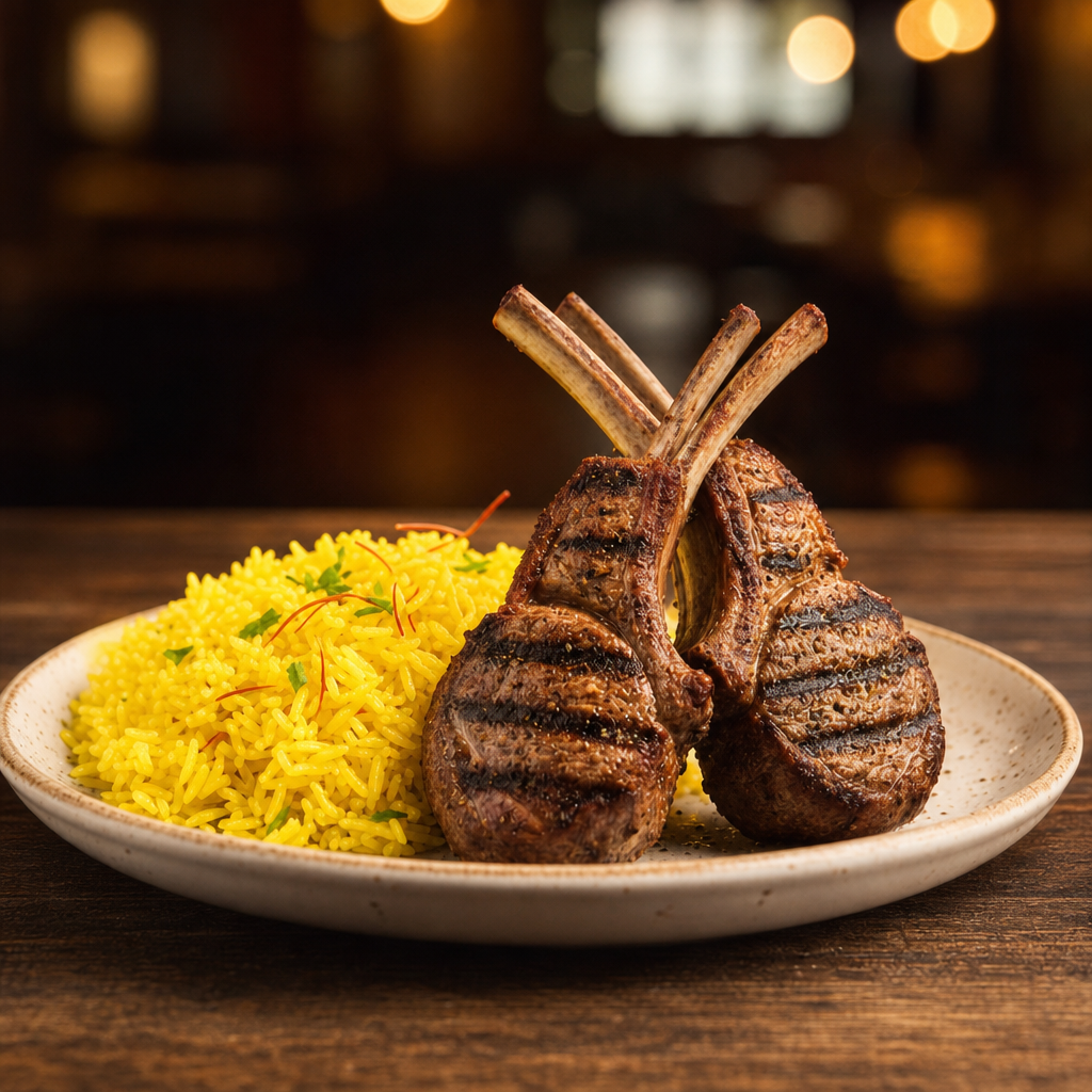 Combo: Goat Chops (4 pcs) in Rogan Josh with Saffron Rice Pilaf.