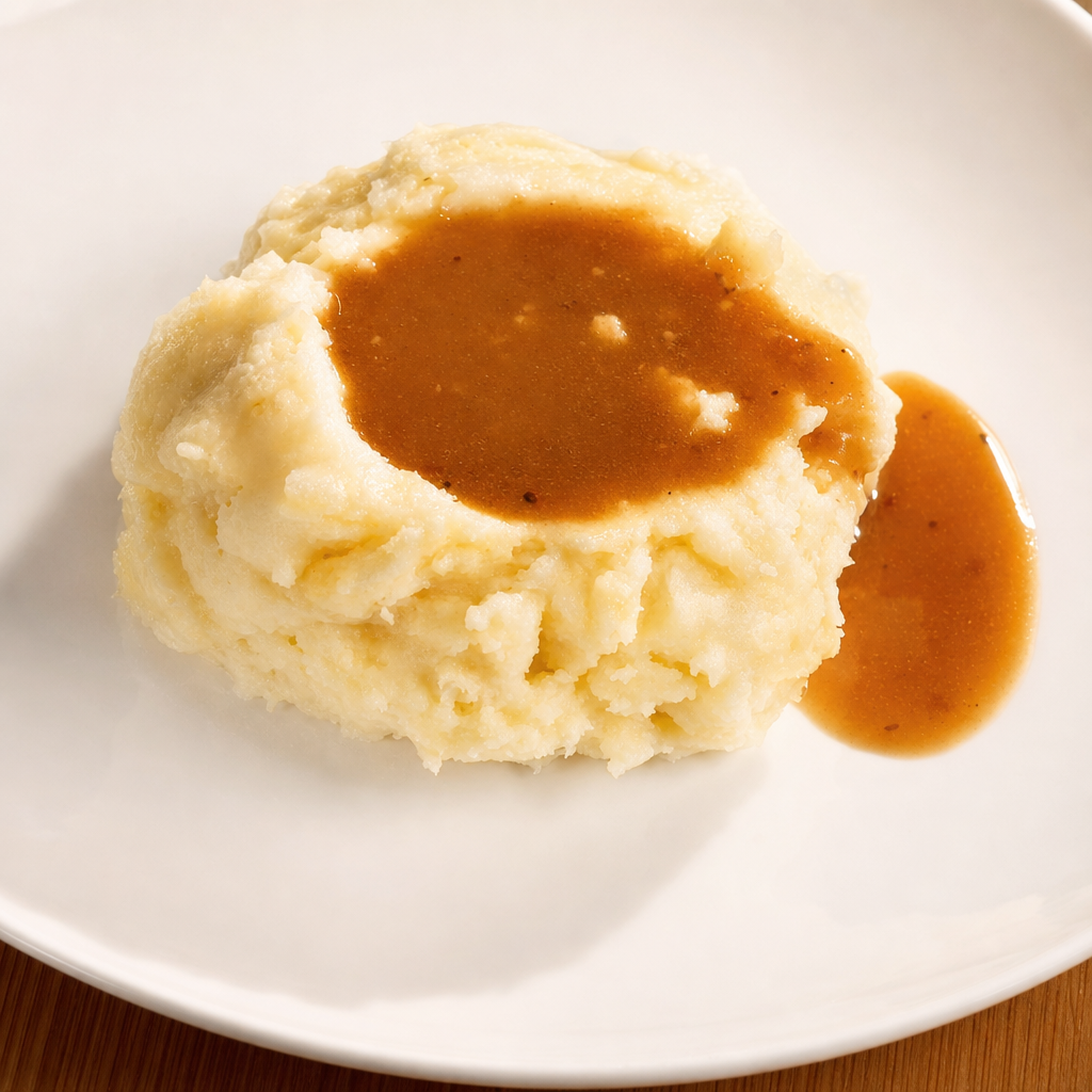 Mashed Potato, Red and Skin-on, with Brown Gravy.