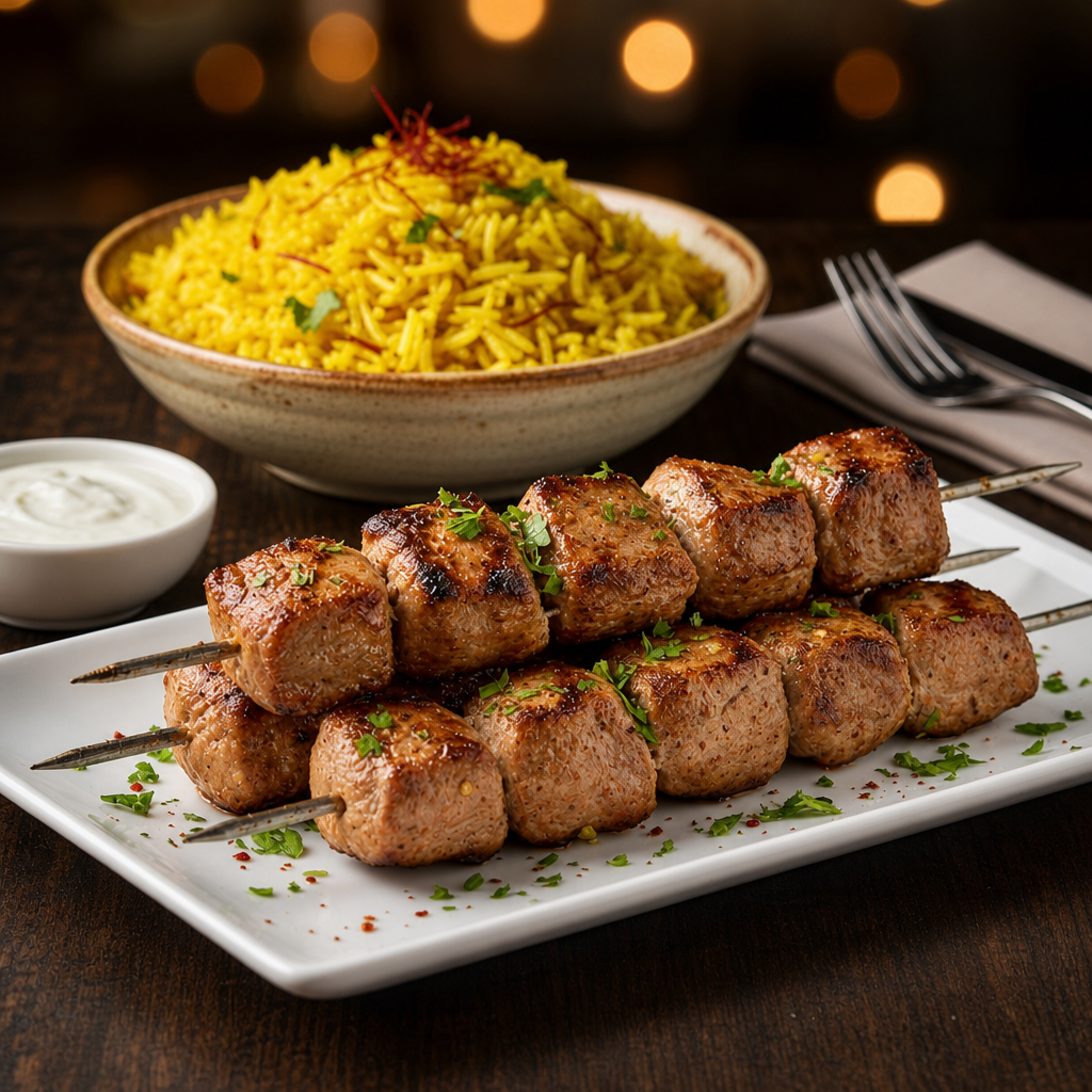 Combo: Lamb Kebab (4 pcs) with Saffron Rice Pilaf.