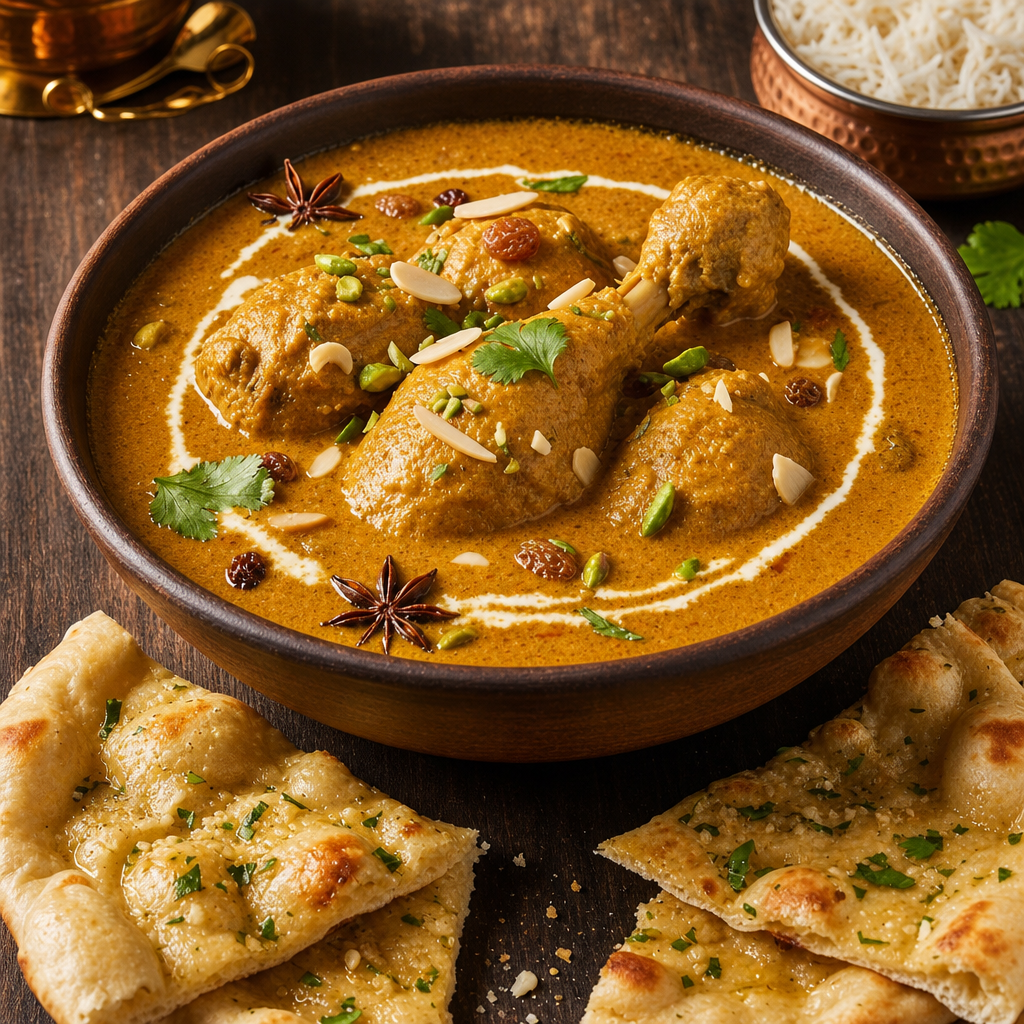Combo: Kashmiri Korma Chicken (24 oz bone-in) curry with Garlic Naan.
