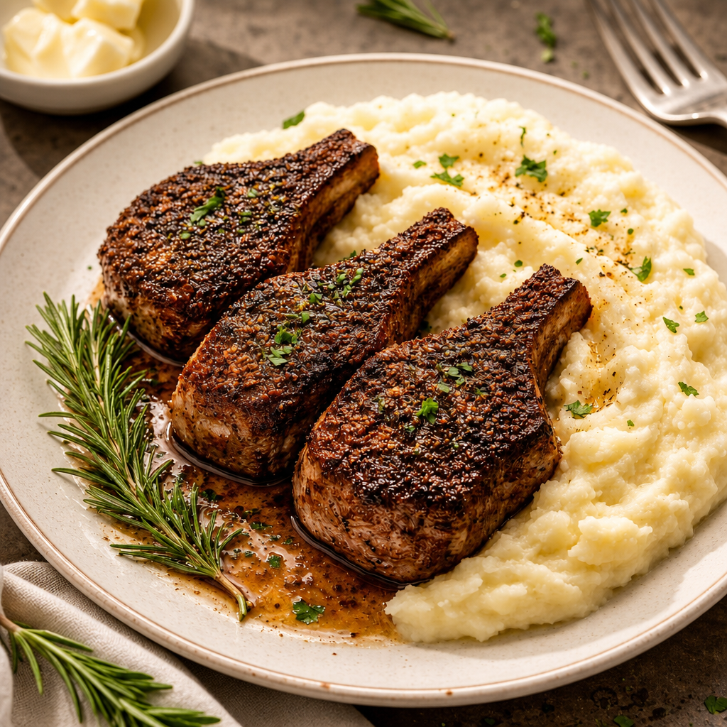 Combo: Lamb Loin Chops (2 pcs) in Tomahawk rub with Mashed Potato.