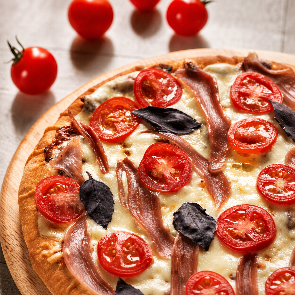 White Tomato Bacon Pizza.