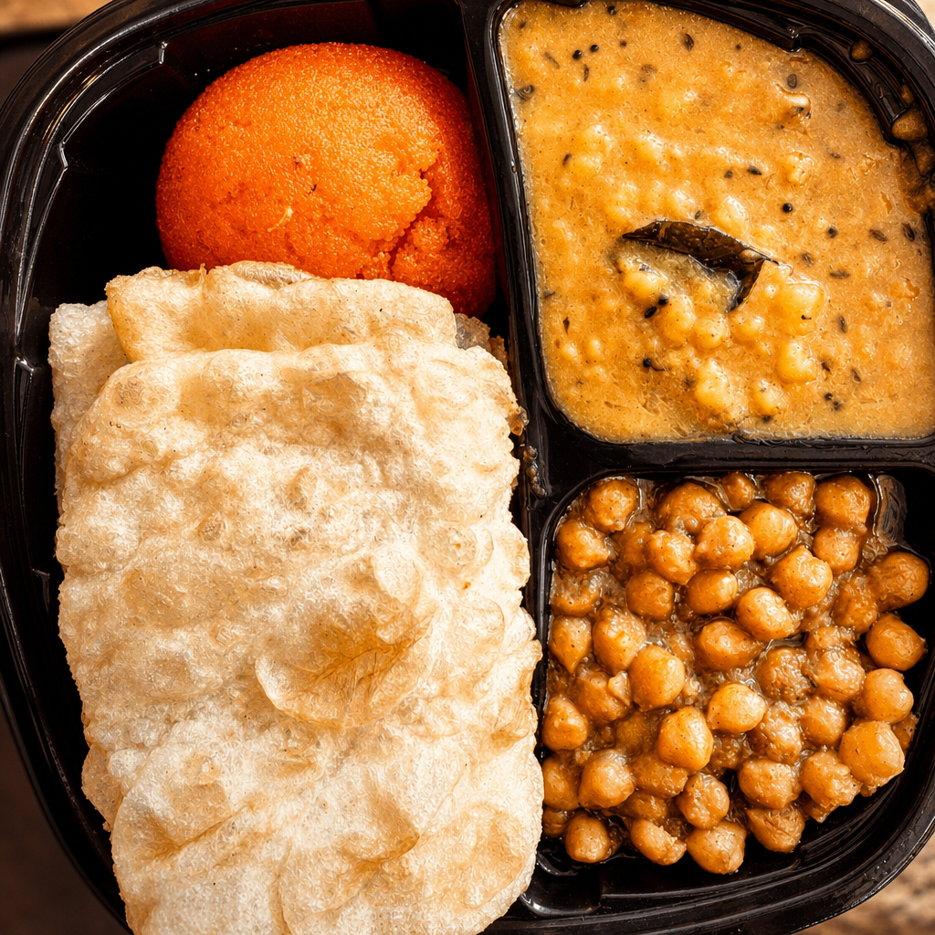 2 Puris, Halwa, Chana, & Aloo