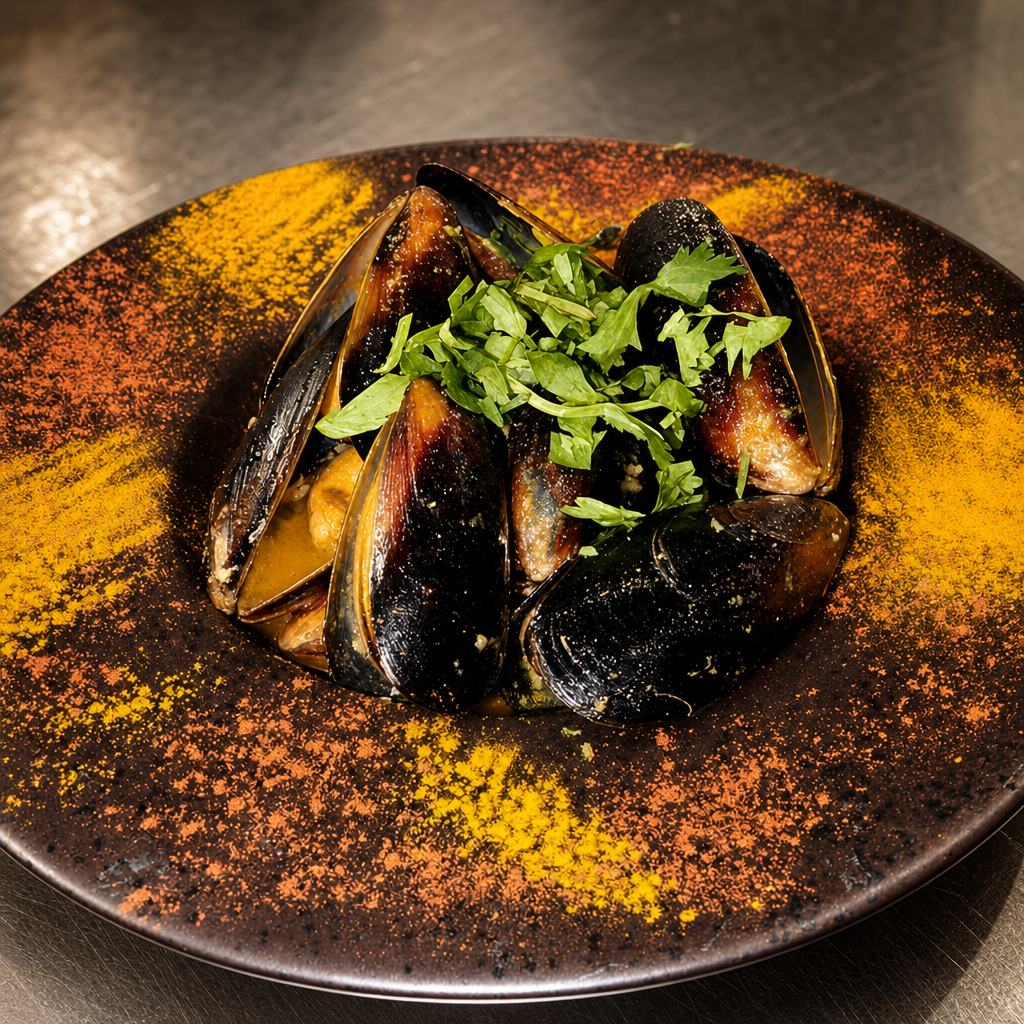 Spicy Sautéed Mussels with Naan.