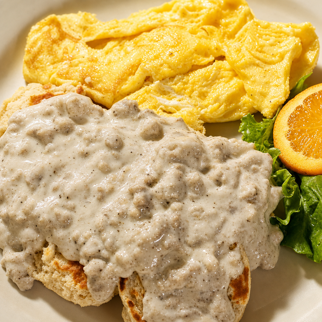 Our Famous Homemade Gravy with Biscuits and 2 Eggs.