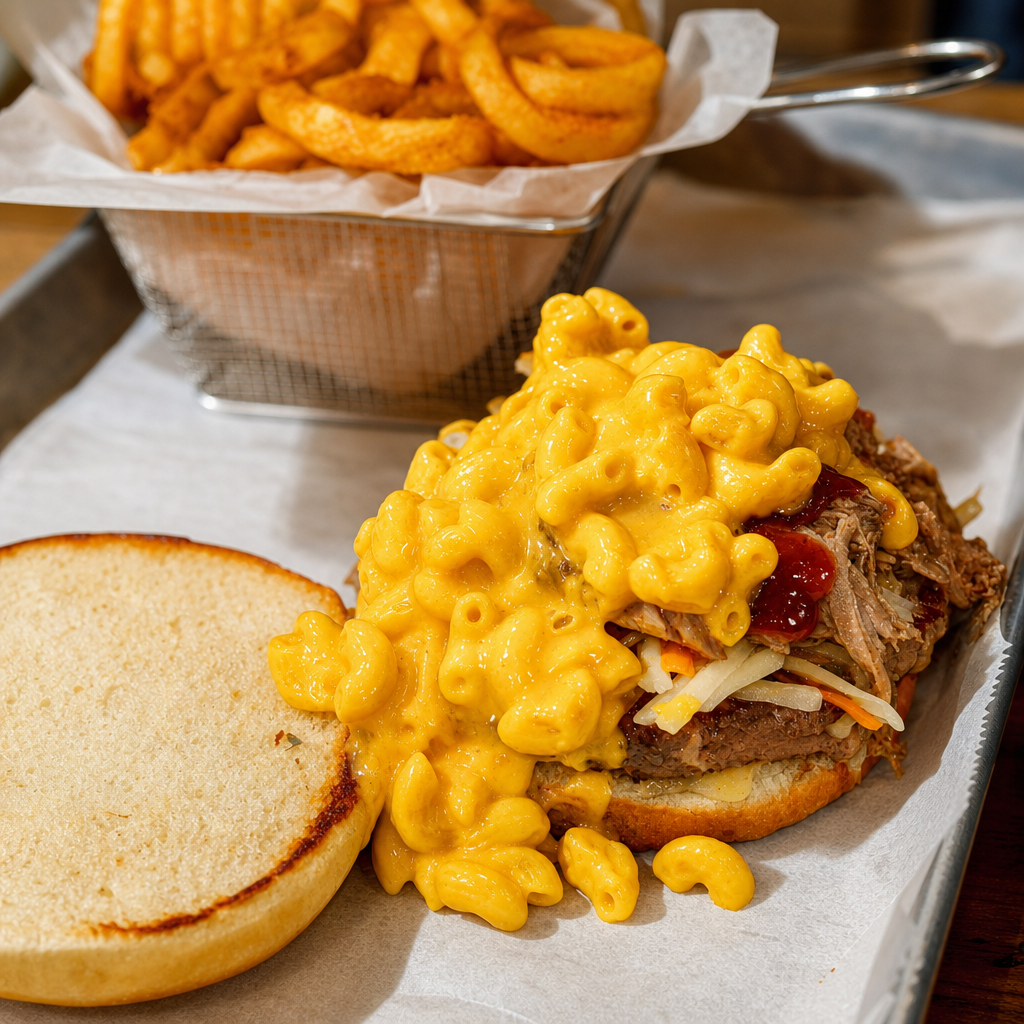 Pulled Pork Mac & Cheese Burger.