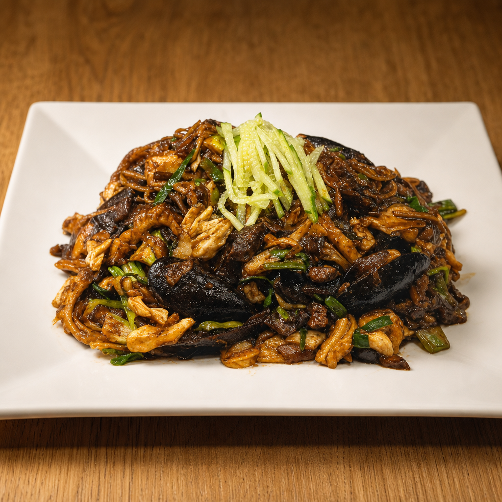 N5. Spicy Seafood Jja Jjang Myun Big Plate with Pork.
