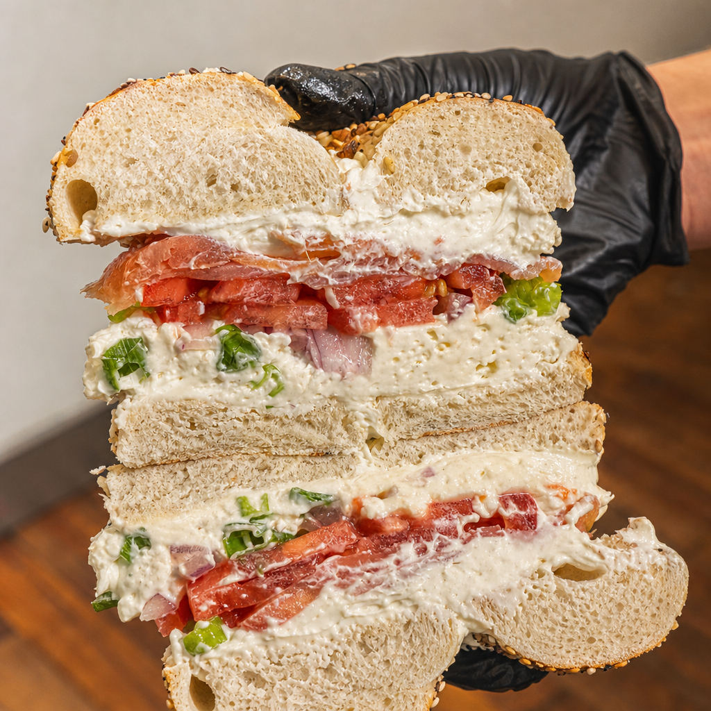 Bagel with Lox and cream cheese.