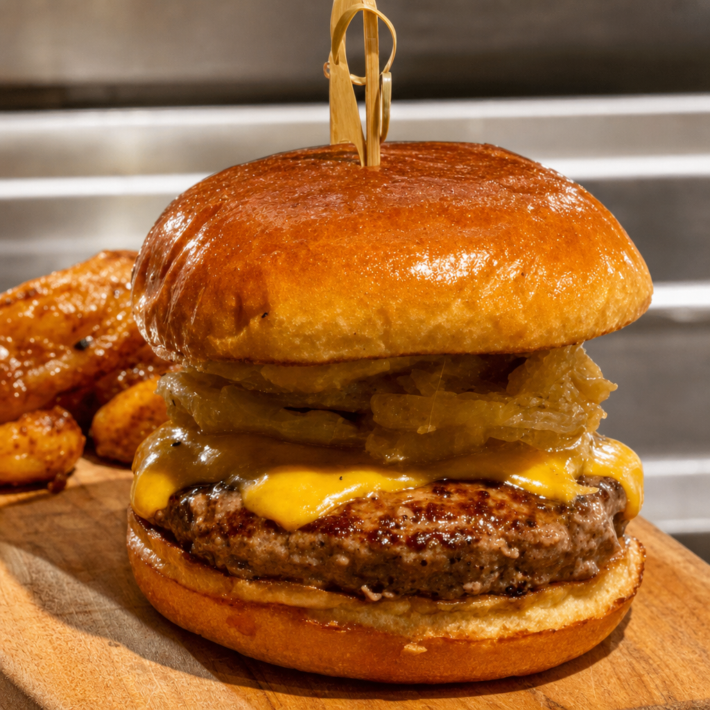 Sticky Burger with BBQ.