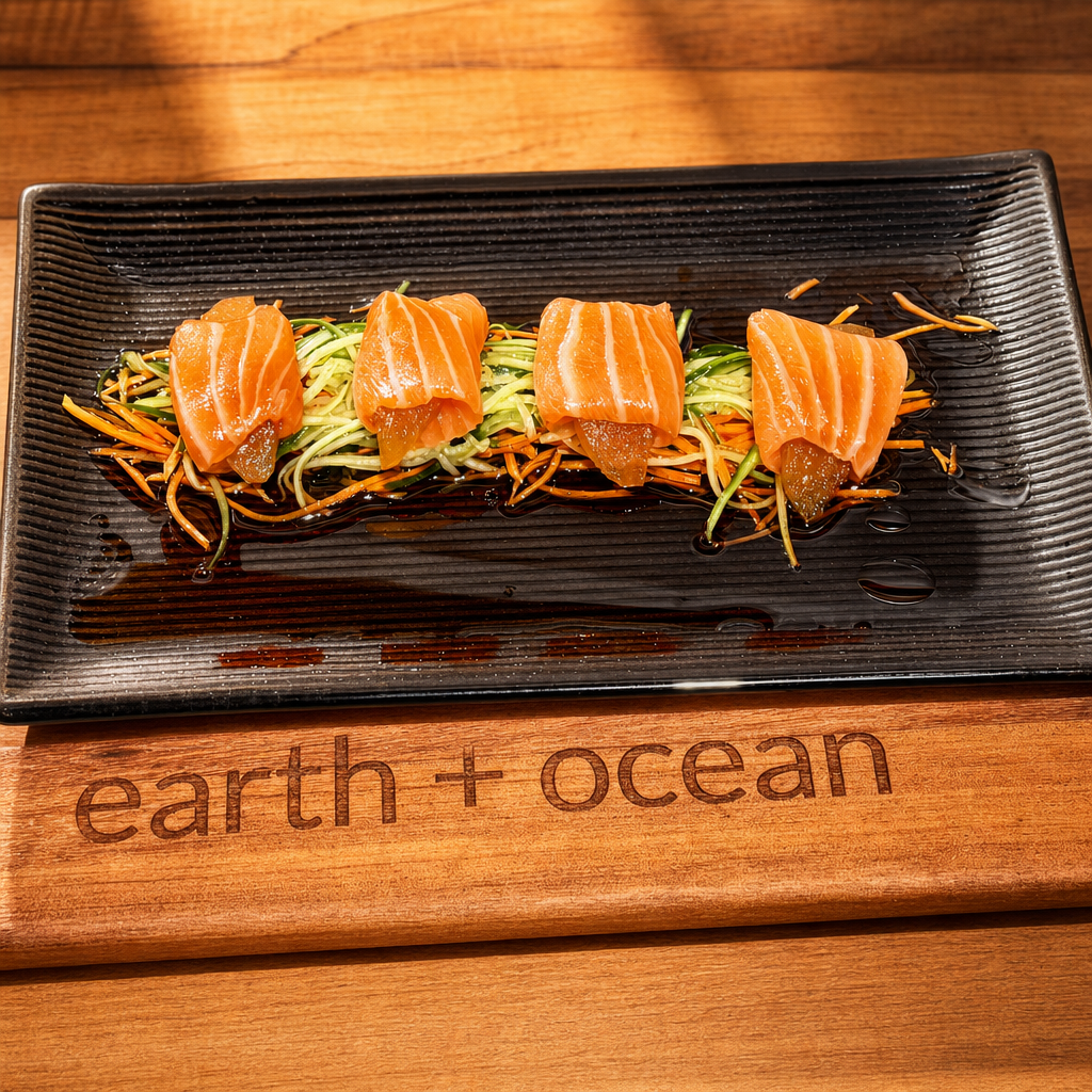 Poached Pear wrapped in thin, sliced salmon.