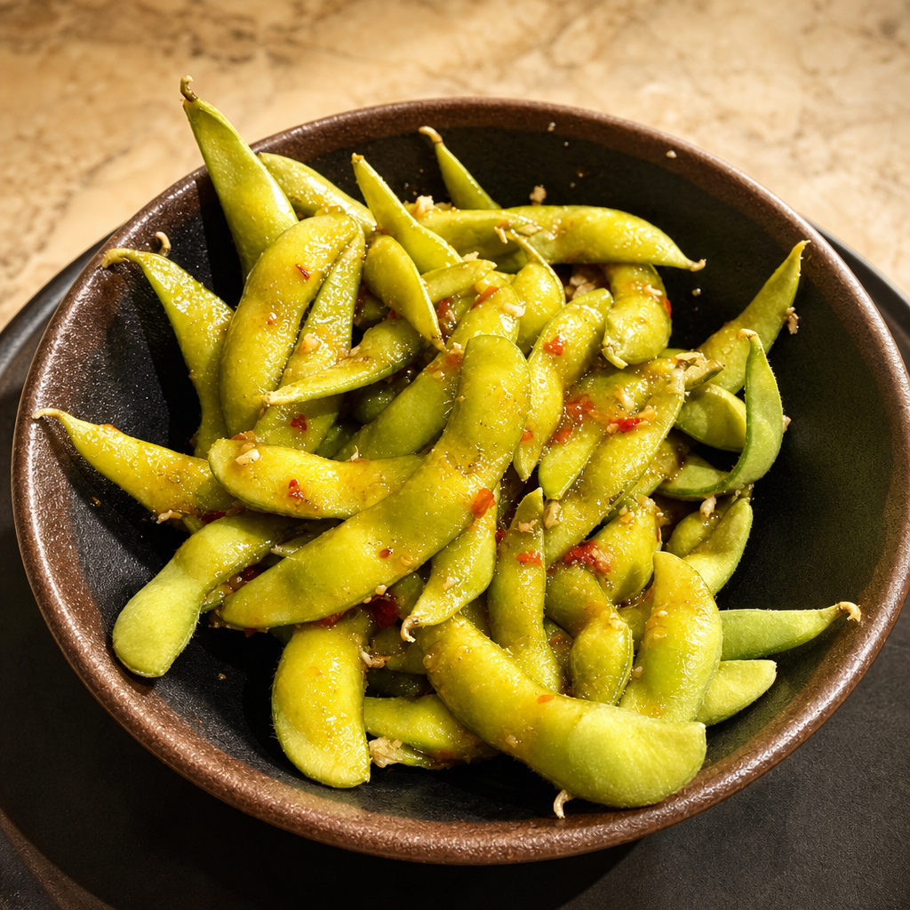 Spicy Garlic Edamame.