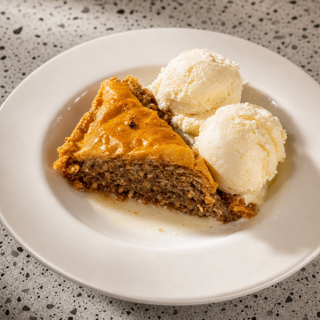 Homemade Baklava and Vanilla Ice Cream