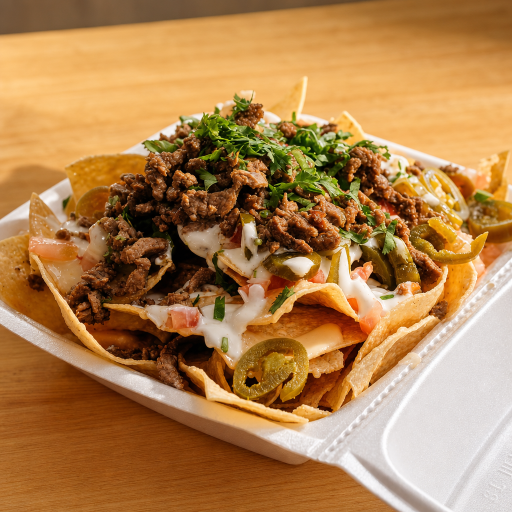 Nachos queso + meat.