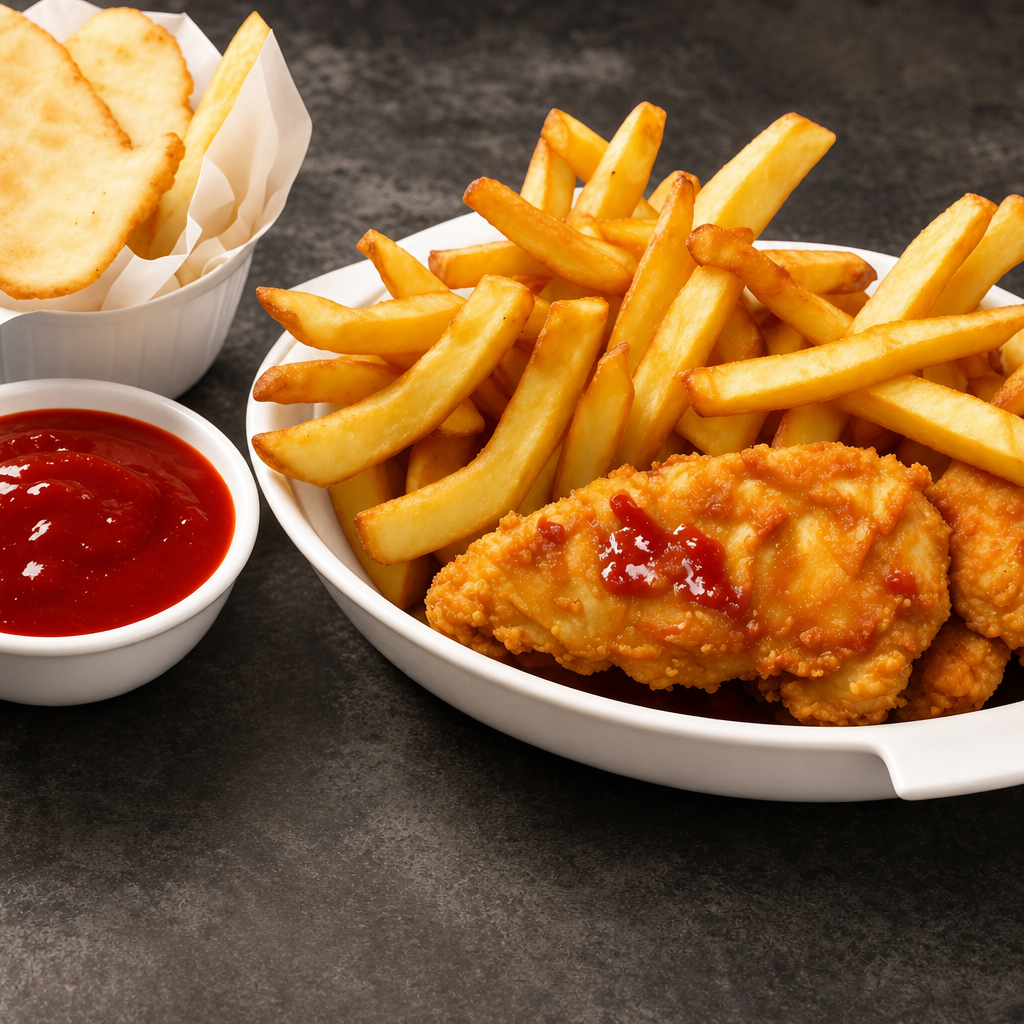 Chicken and French fries.