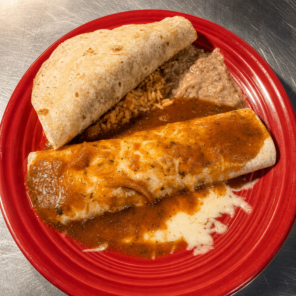22. One Beef Burrito, One Beef Taco, Rice & Beans.