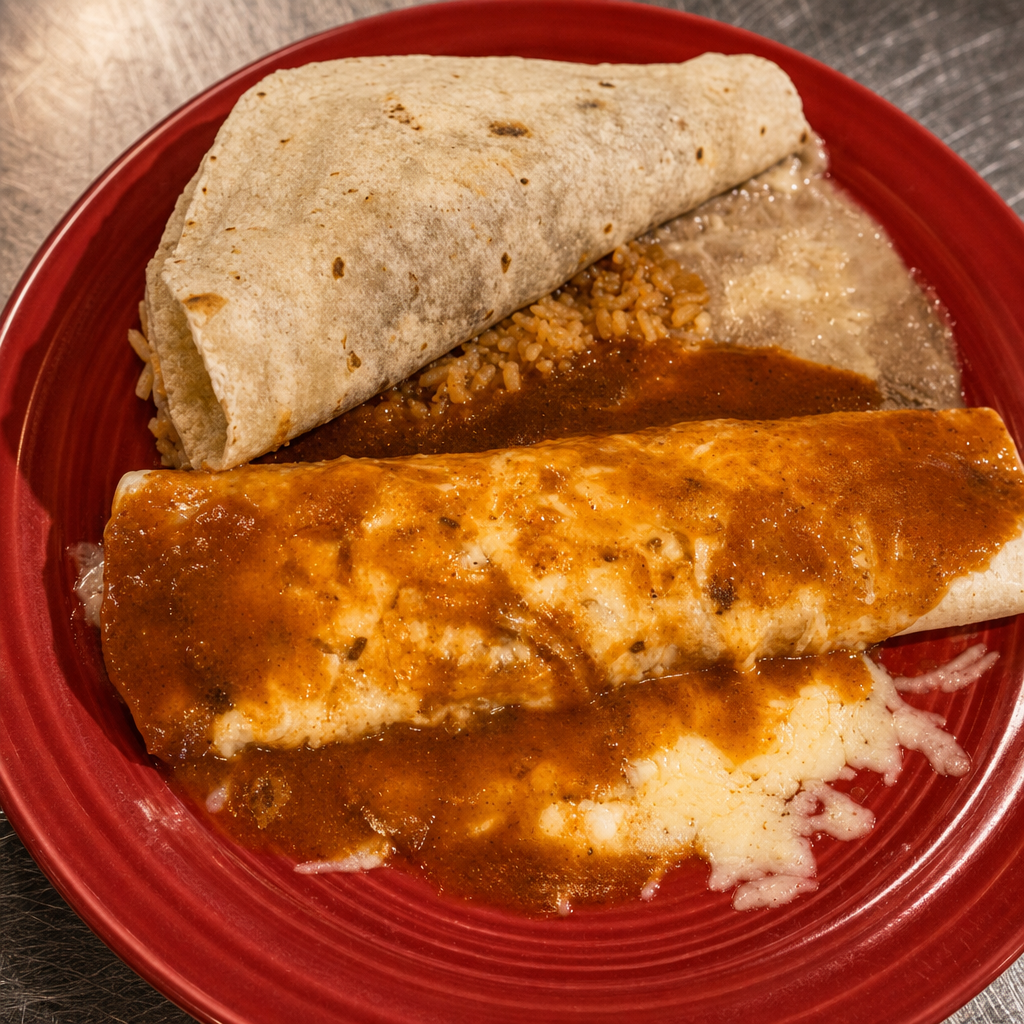 6. One Beef Enchilada, One Beef Taco, Rice & Beans.