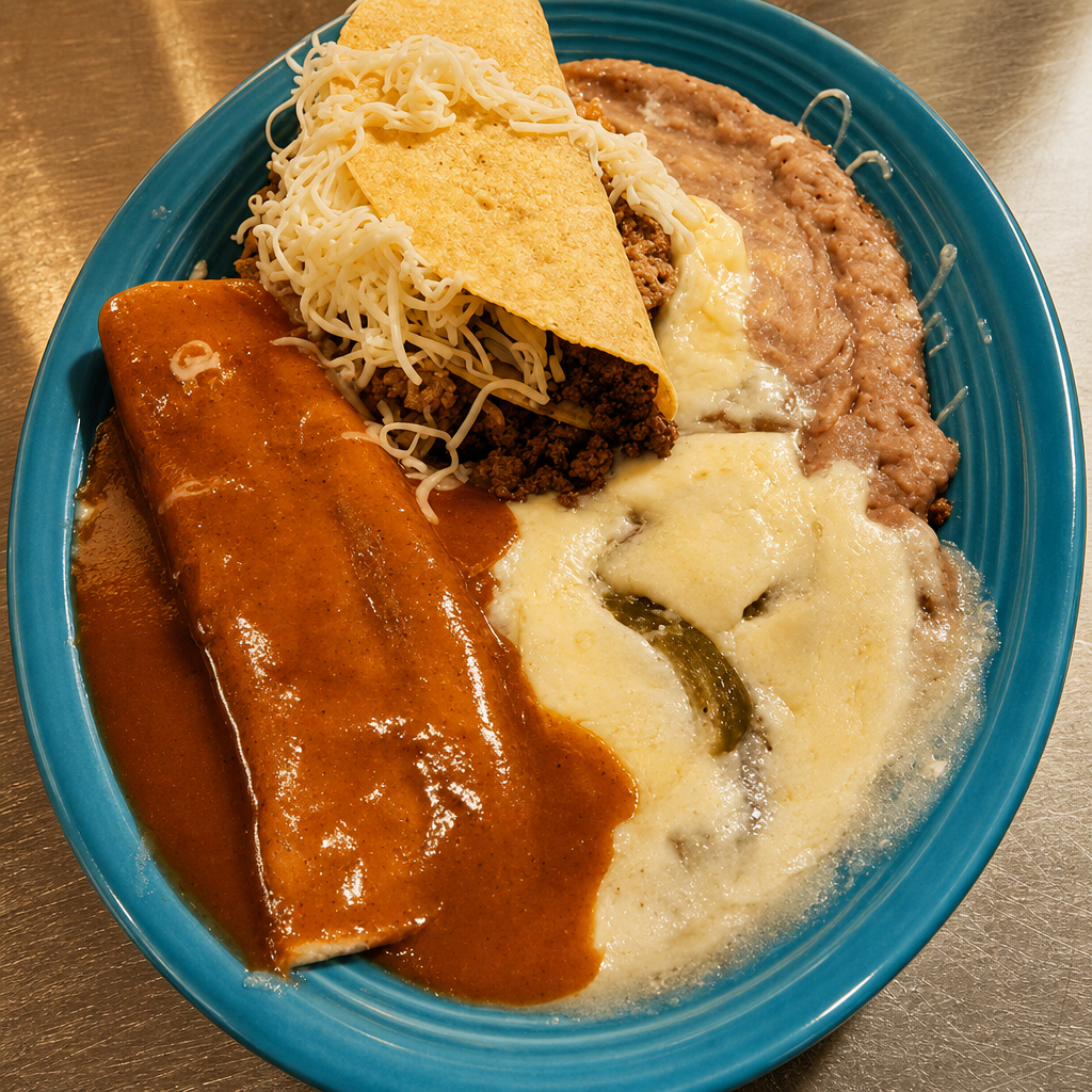 20. One Chile Relleno, One Beef Enchilada, One Beef Taco, Rice & Beans.