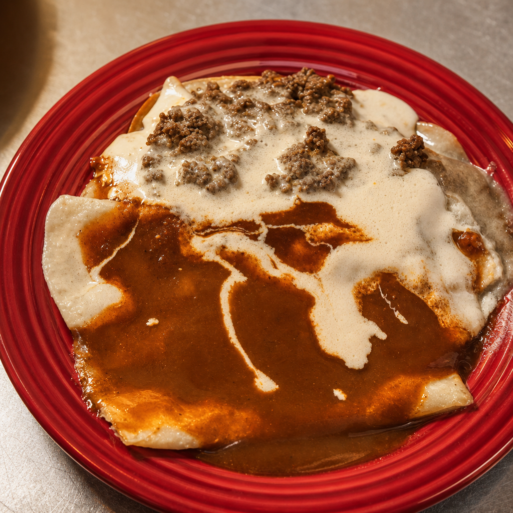 25. One Beef Burrito Topped with Cheese Dip, One Beef Enchilada & One Beef Chile Con Queso.