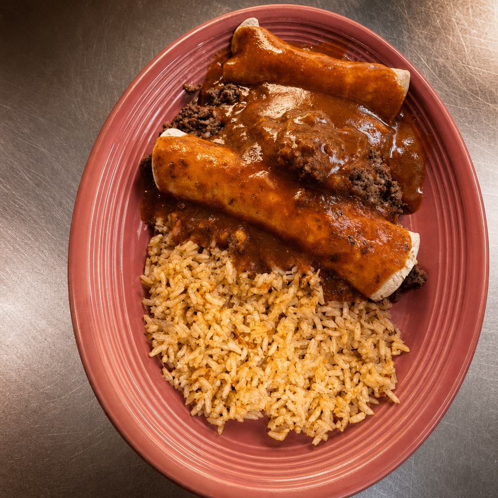 28. One Beef Burrito, One Beef Enchilada, One Tamal & Rice.