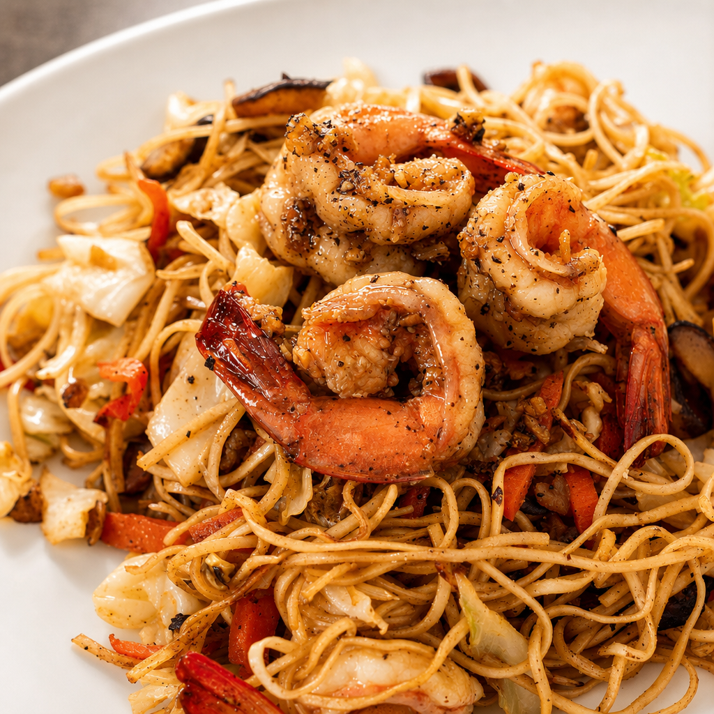 65. Tôm Rang Bơ Tỏi Mì Tỏi – Garlic Prawns with Garlic Noodle