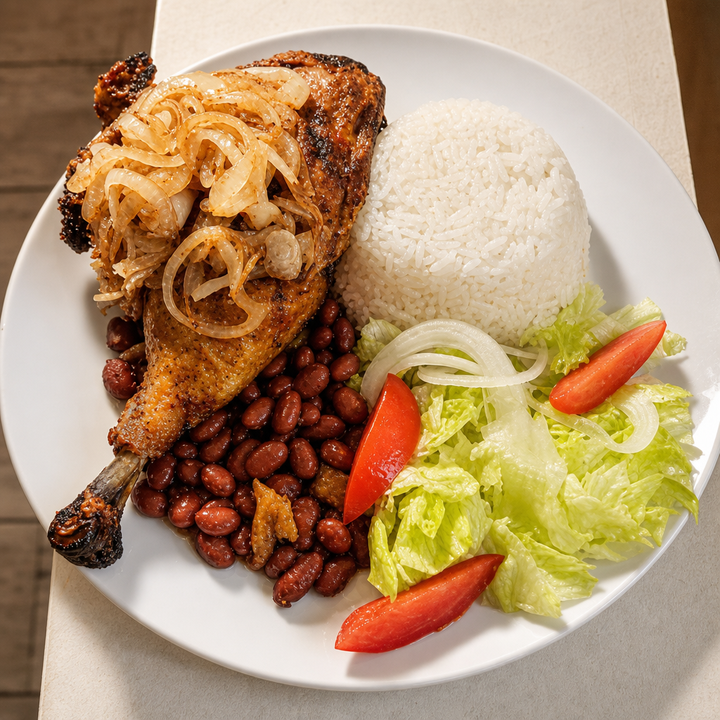 Rice, Beans, Roast Chicken & Salad