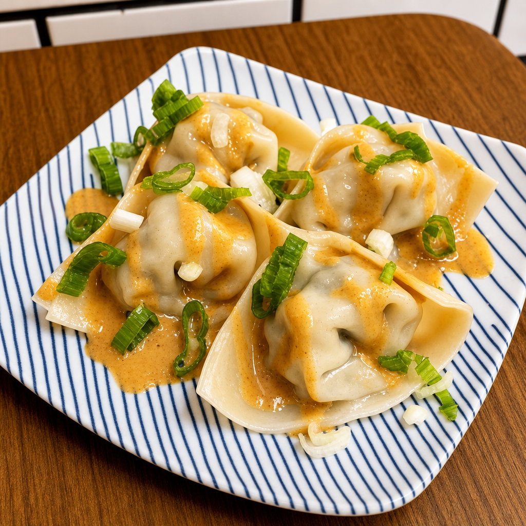 Chicken Wonton with Sesame Sauce.