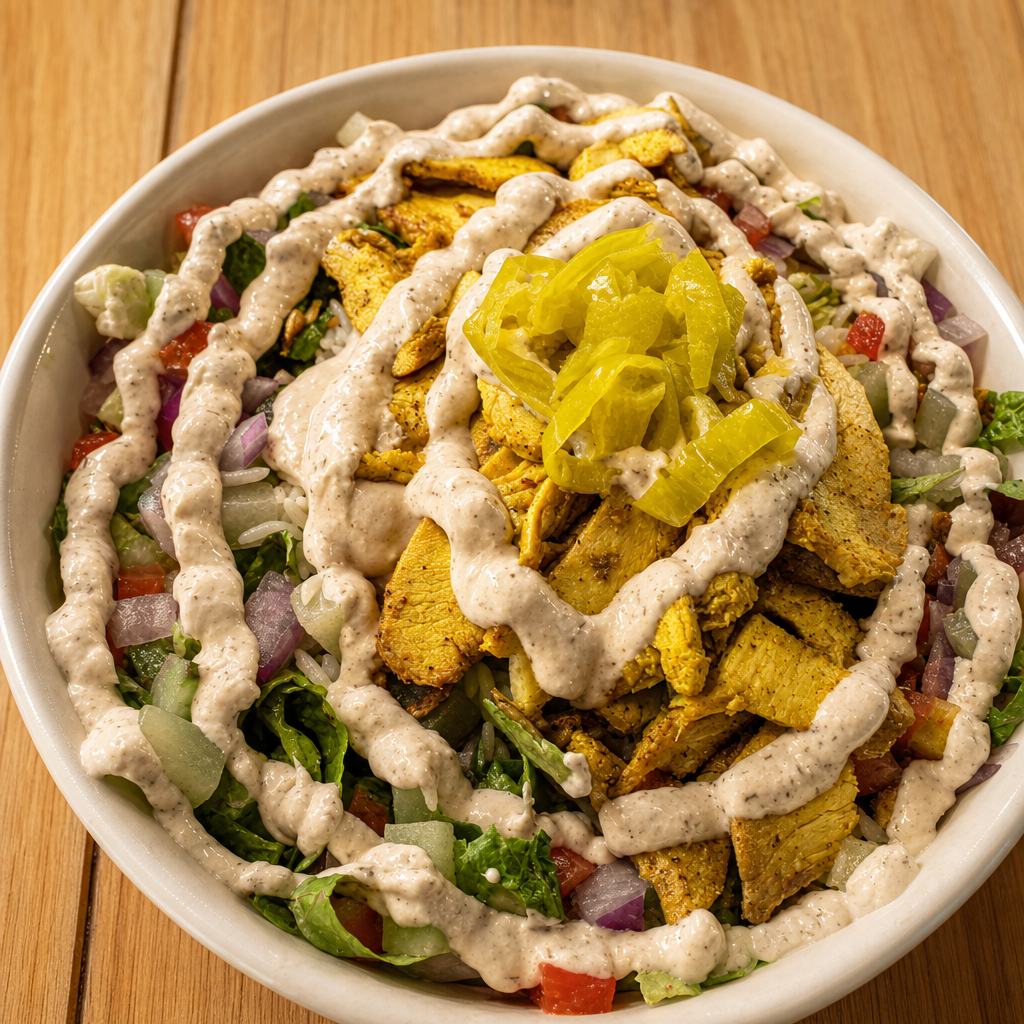 Chicken Shawarma Bowl with hummus.