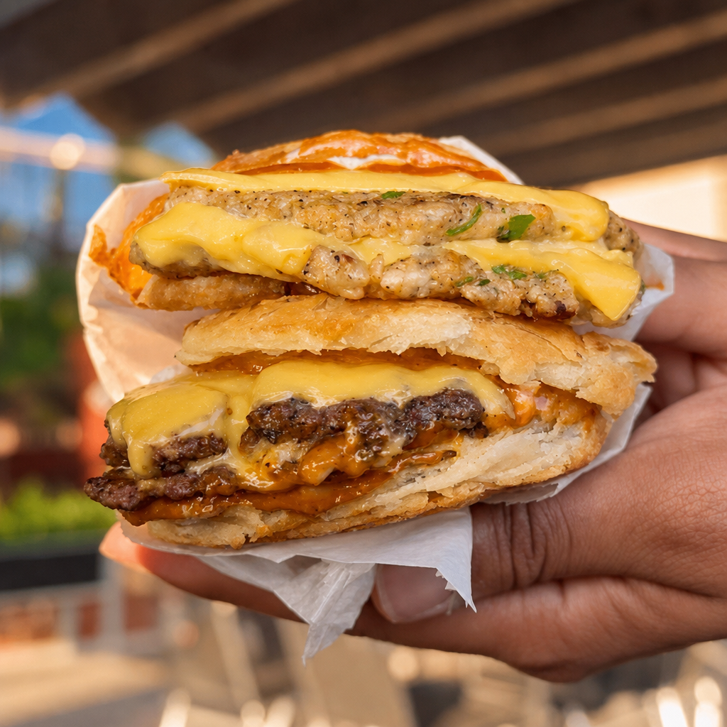 Paratha Smash Burger Chicken w/Fries.