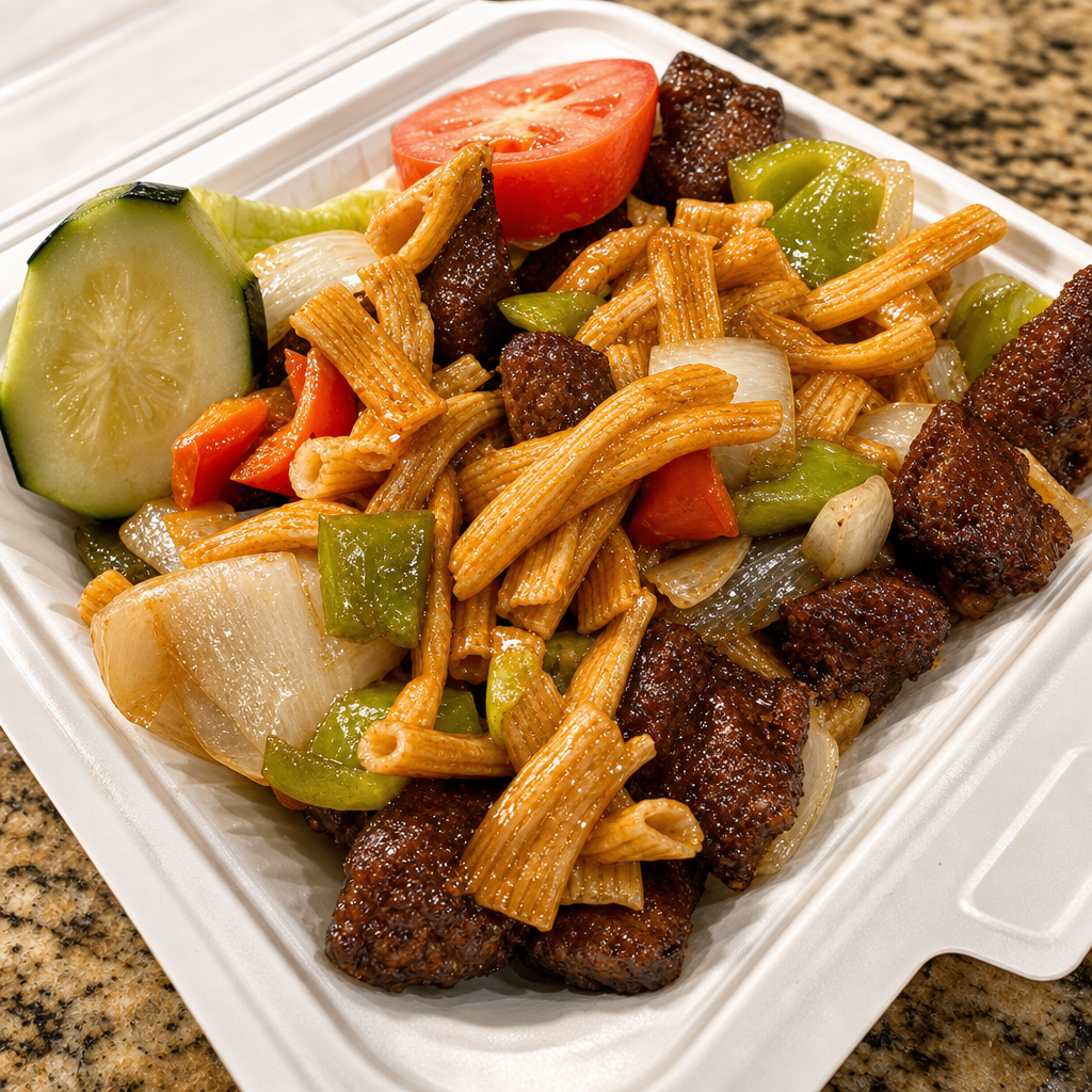 R7. Stir Fried Beef & Macaroni Noodle on Sizzling Plate.