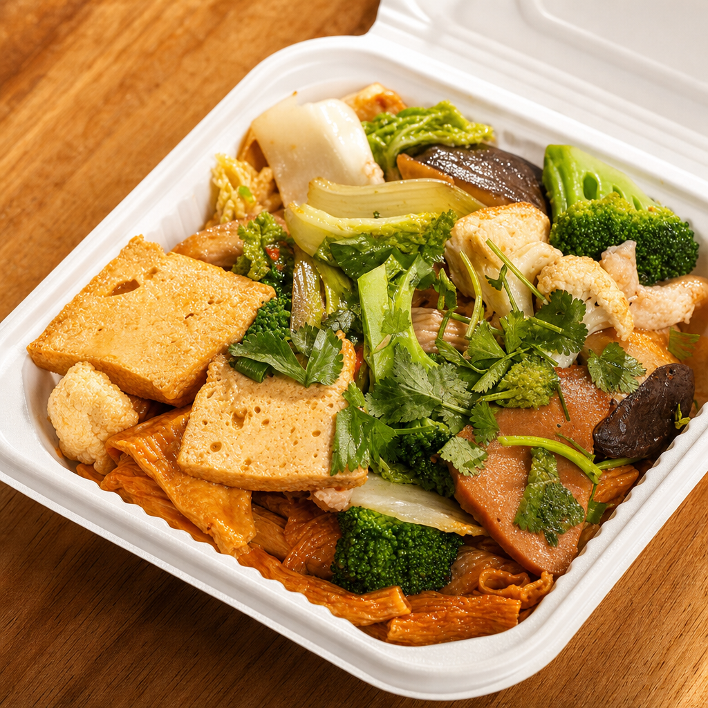 R12. Combination Vegetables, Tofu & Mushroom with Macaroni noodle.