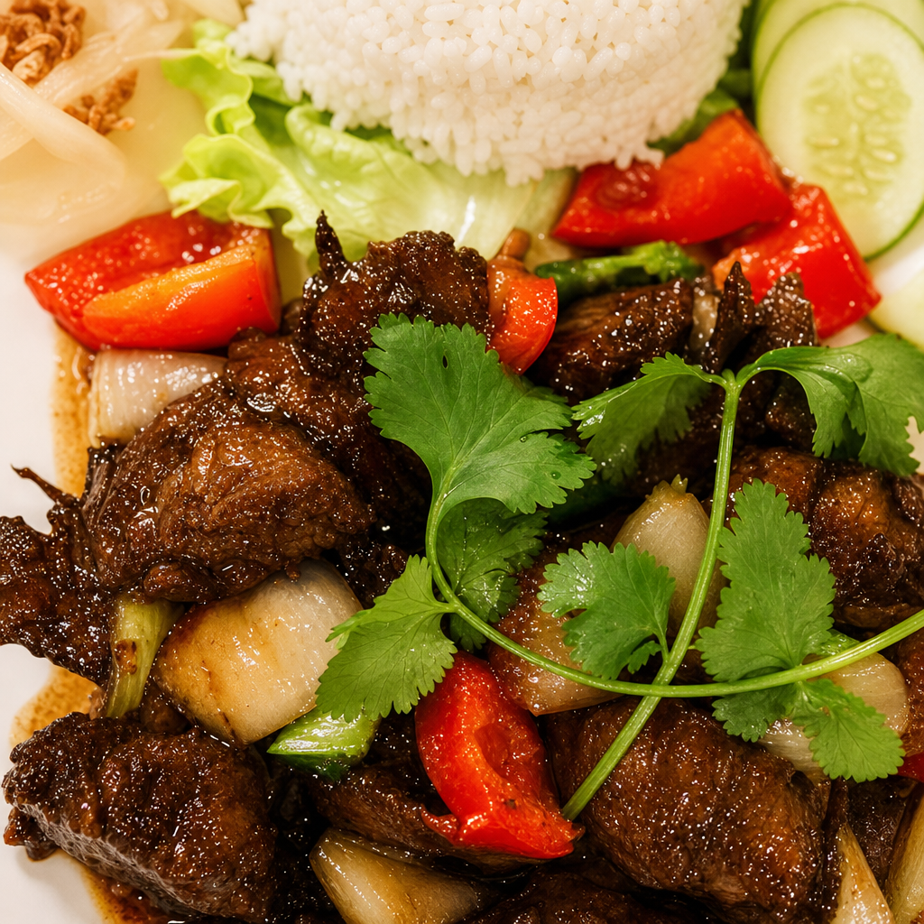 R5. Shaken Beef Rice Plate.