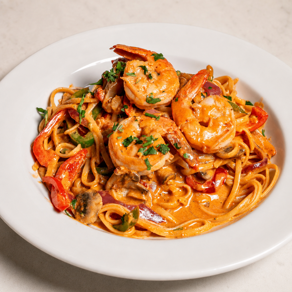 Thai coconut curry linguine with prawns dinner