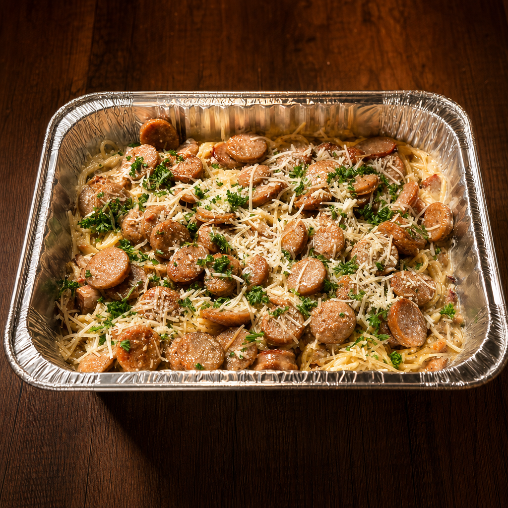 Spaghetti and Sausage Carbonara Pan. Serves 6-8 ppl.
