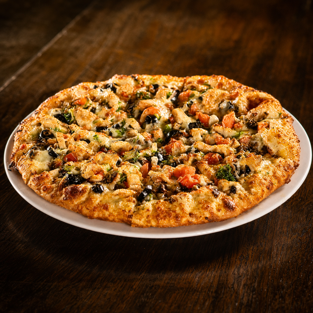 Creamy Garlic Chicken Pizza.