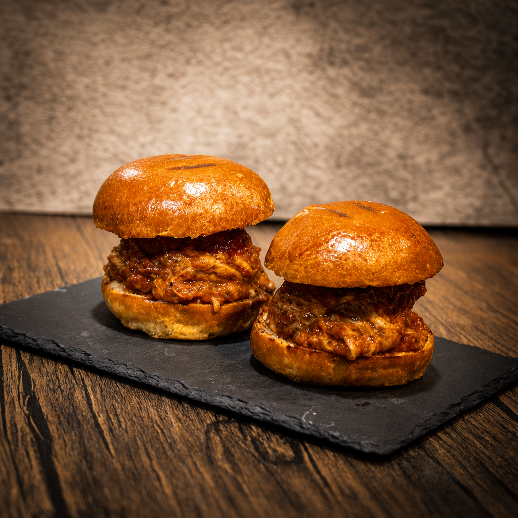 BBQ Pulled Pork Belly Sandwich.