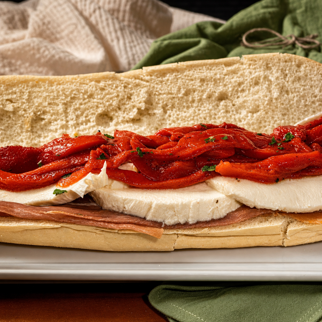 Prosciutto, Fresh Mozzarella & Roasted Peppers Sandwich.