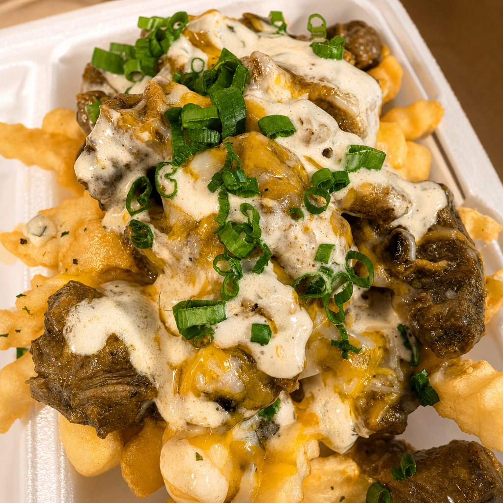Pastele Fries Topped w/cheese.