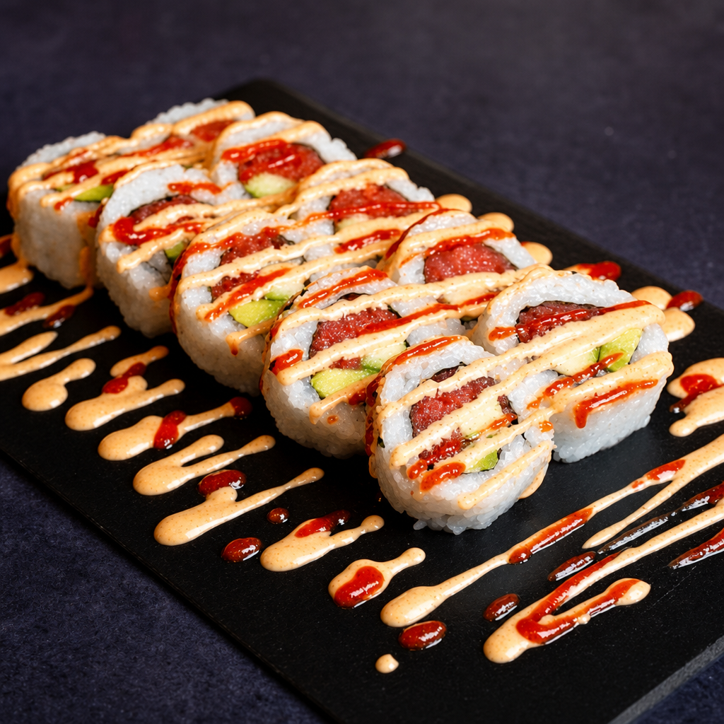 <Spicy Salmon Roll* $12.