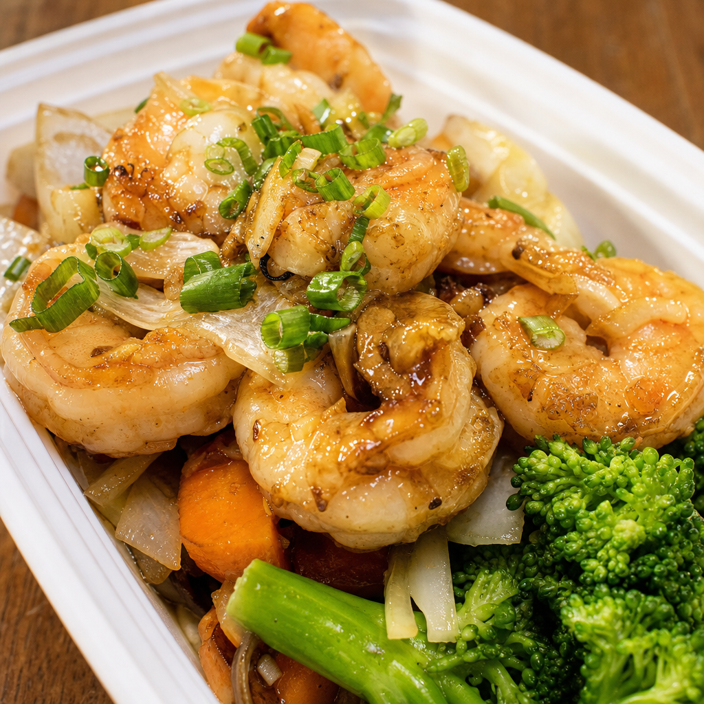 Garlic Pepper Jumbo Shrimp + Rice.