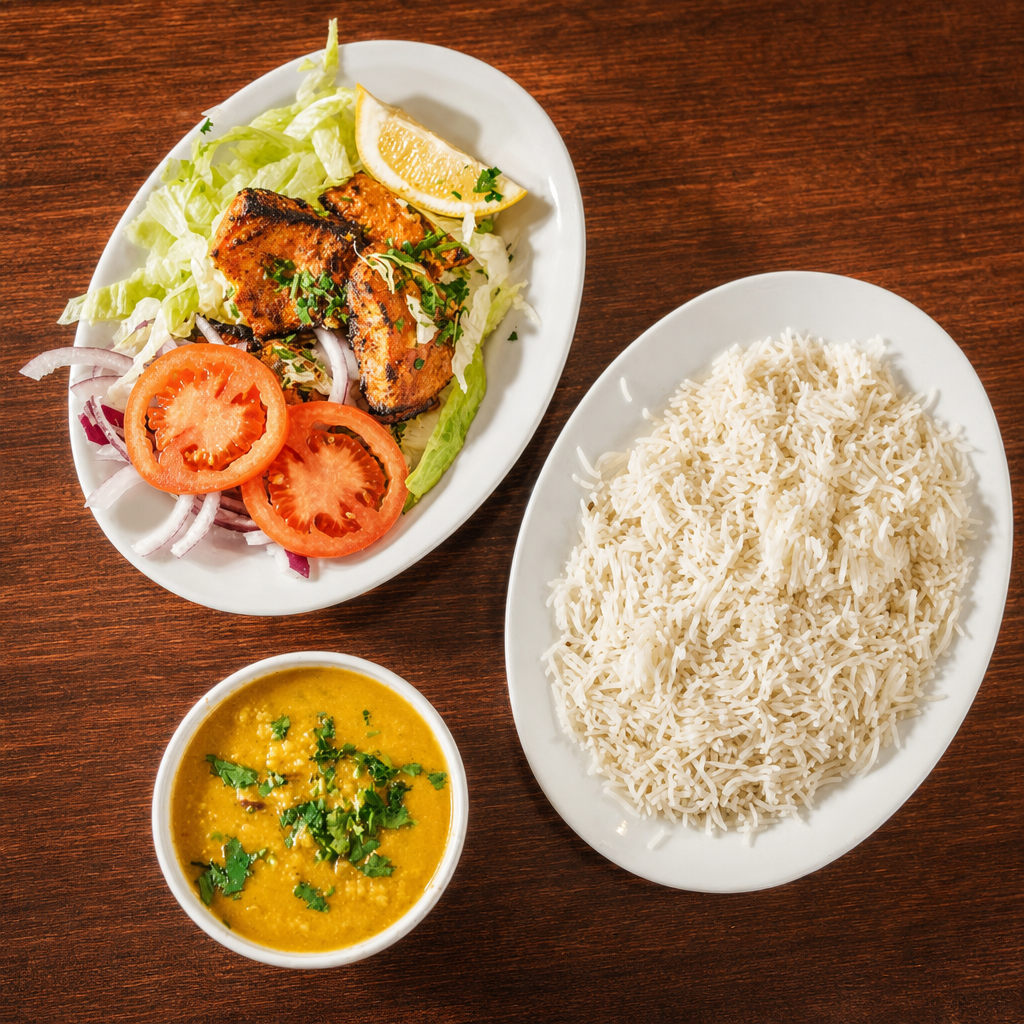 Grilled Fish with Daal and Rice.