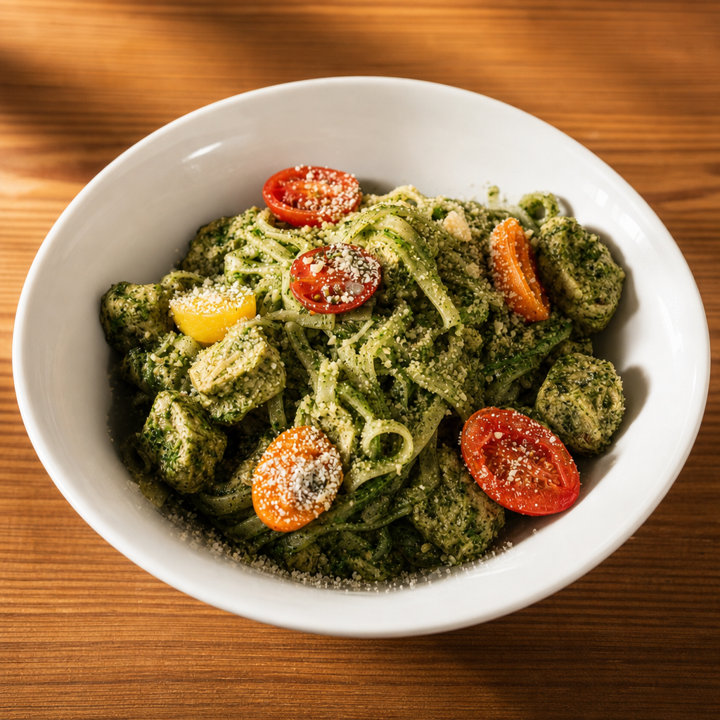 Creamy Chiggen Pesto Fettuccine.