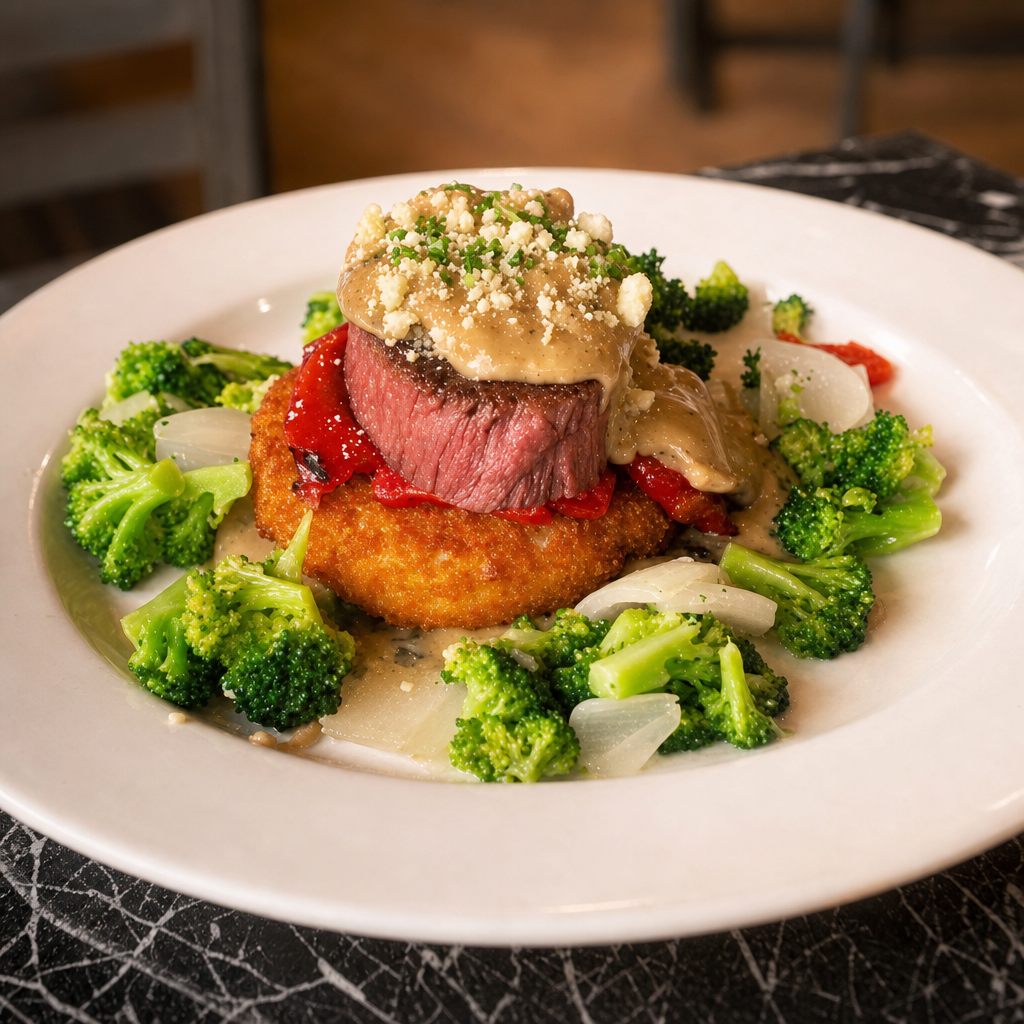 Plant based Steak Over Potato Cake.