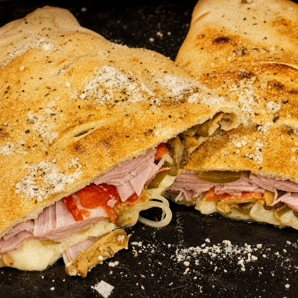 House Stromboli (Pepperoni, Salami, Ham. Mozzarella, Sweet Pepper, Mushrooms, and Onions).