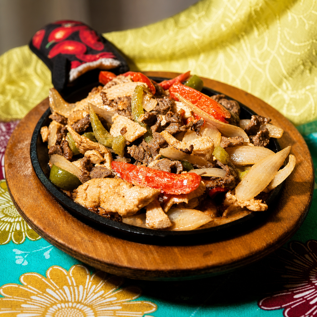 CHICKEN AND STEAK FAJITAS WITH CREAM SAUCE.