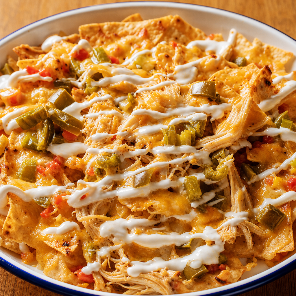 NACHOS WITH PULLED CHICKEN.