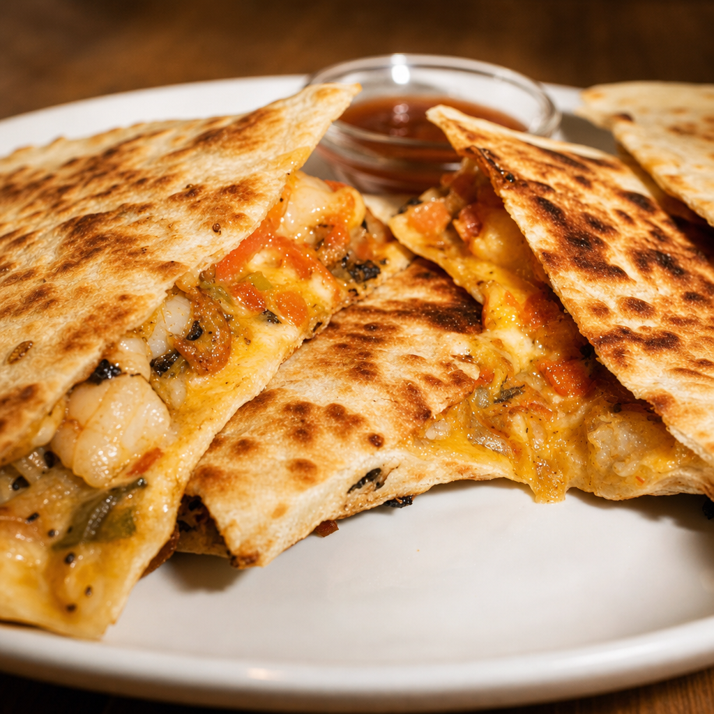 SHRIMP AND PICO QUESADILLA.